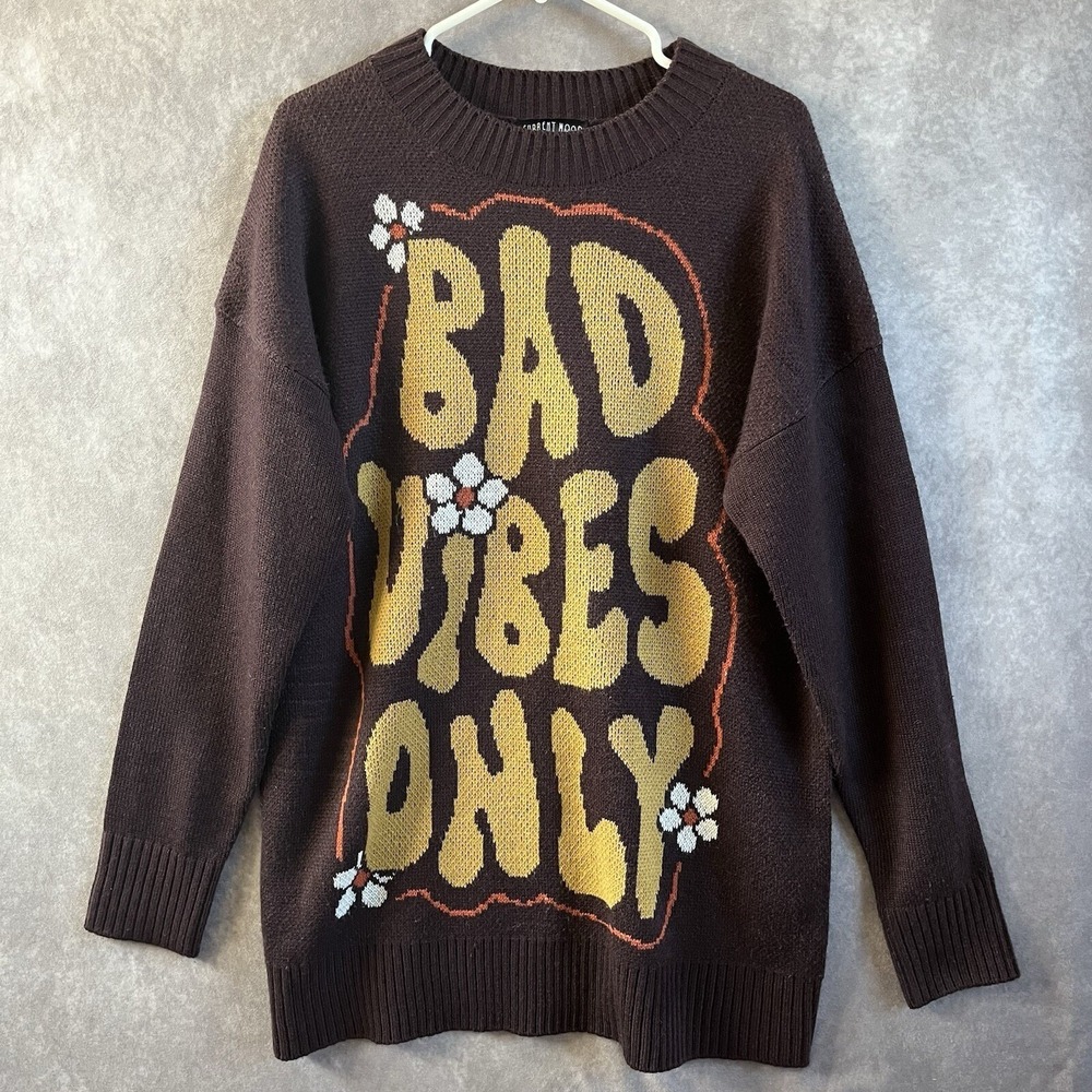Current Mood Sweater Womens Small Brown Bad Vibes Only Graphic Oversized Knit